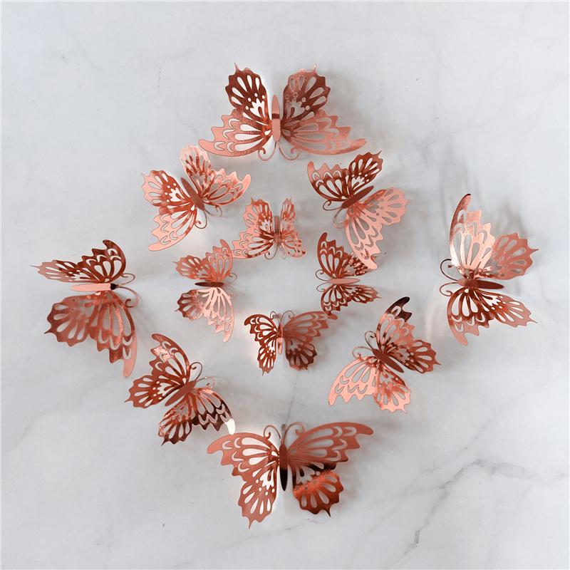 12Pcs/Set 3D Hollow Butterfly Wall Sticker Gold Silver Rose Wedding Decoration Living Room Home Decor Butterflies Decal Stickers KTY