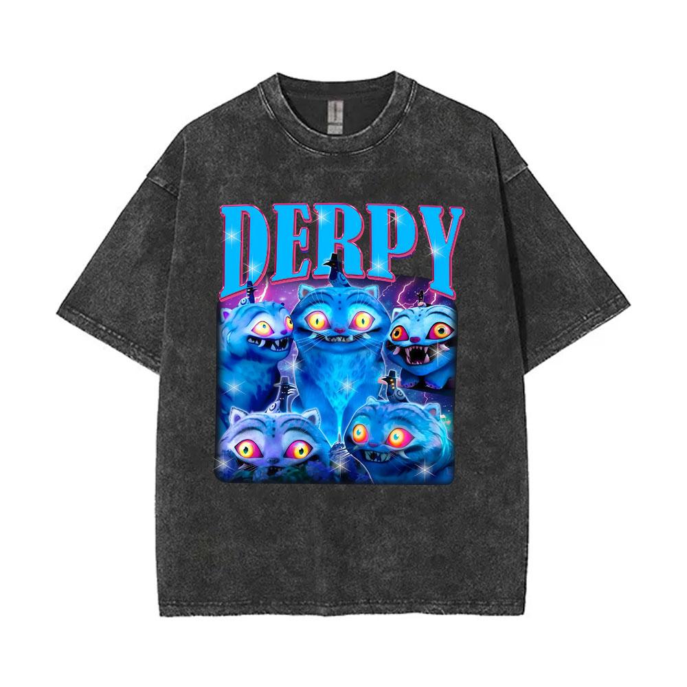 Movie KPop Demon Hunters Derpy Tiger Washed Vintage T-shirts for Fans Gift Men Women Cartoon Short Sleeve T Shirts