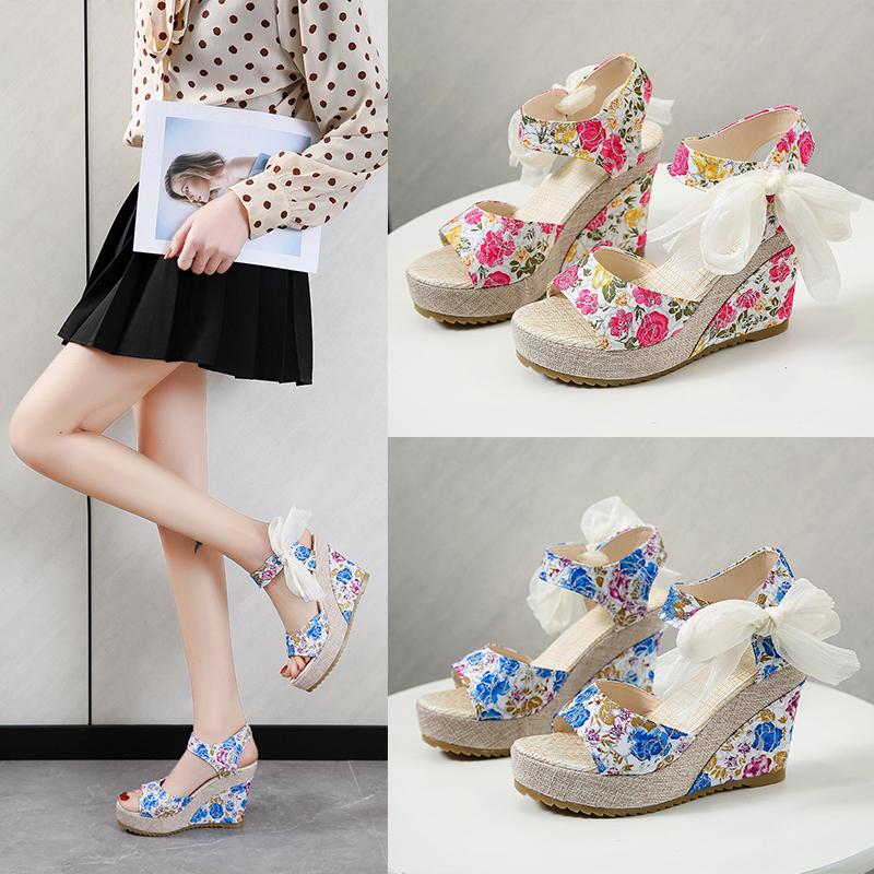 Fashion Elegant Flower Print Open Toe Sandal Women Fashion Bow Knot Super High Heel Sandals Woman Party Wedding New Wedge Sandal Female