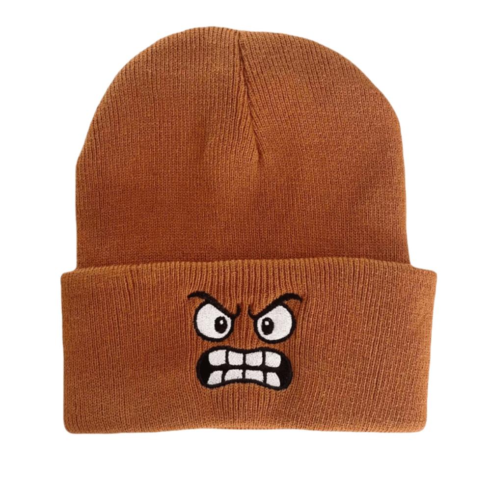 New Warm Knit Hat Angry Expression Embroidered Beanie Hat Leisure Cycling Cap for Men Women