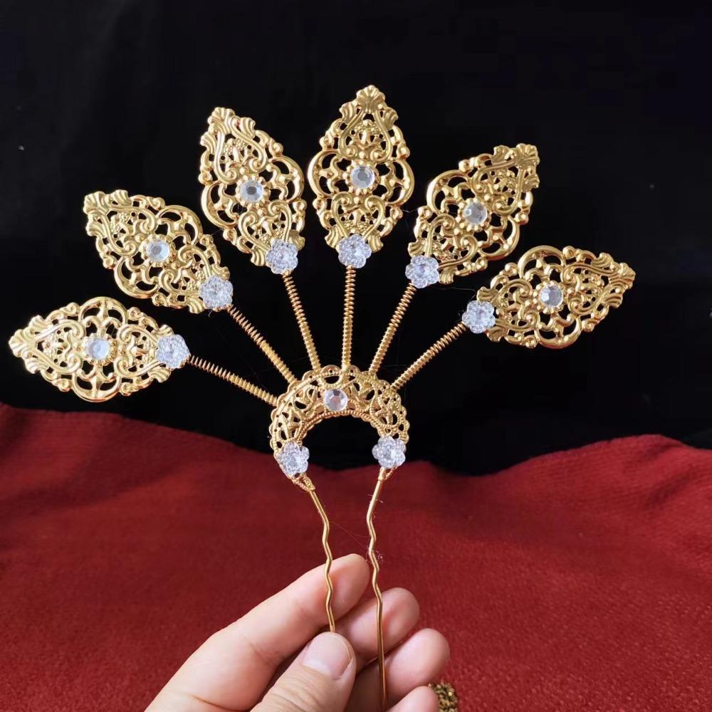 

Rhinestone Thai Metal Leaves Hairpin Gold Ethnic Style Hair Accessories Thai Hair Sticks Wedding Style 3