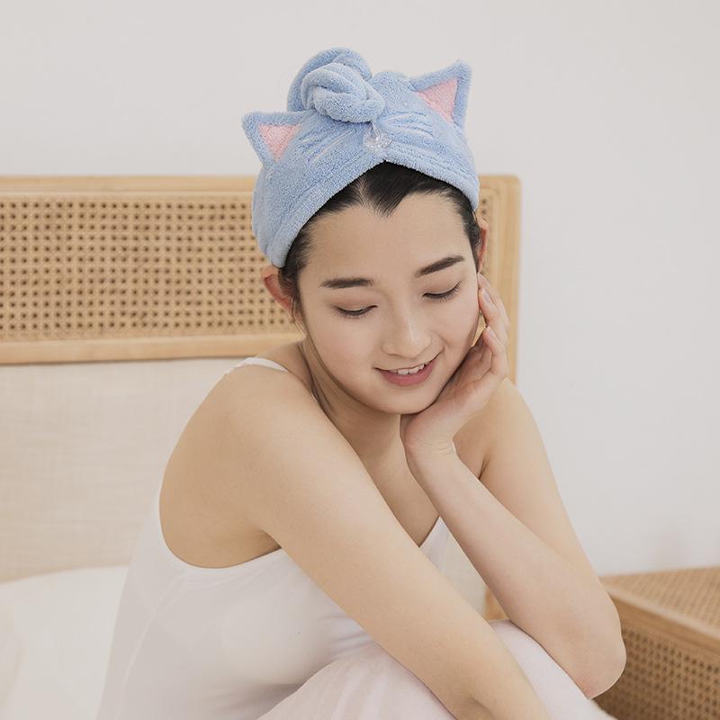 Cute Cartoon Embroidery Coral Fleece Water Absorbent Hair Cap for Women