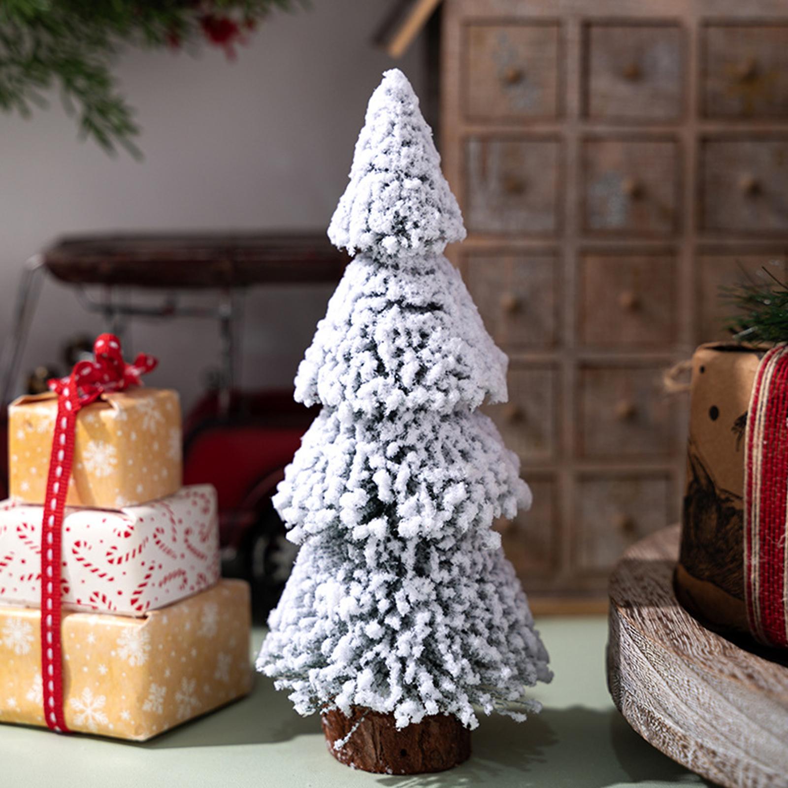 Chrismas Trees Desktop Ornaments Small Snow Pine Tree with Wooden Base Holiday Decoration Party Supplies