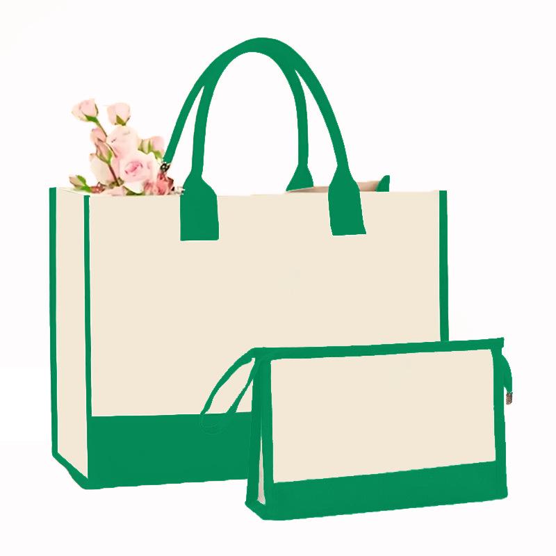 Canvas Shoulder Bag Makeup Set with Color Block Print & Portable Zipper Clutch