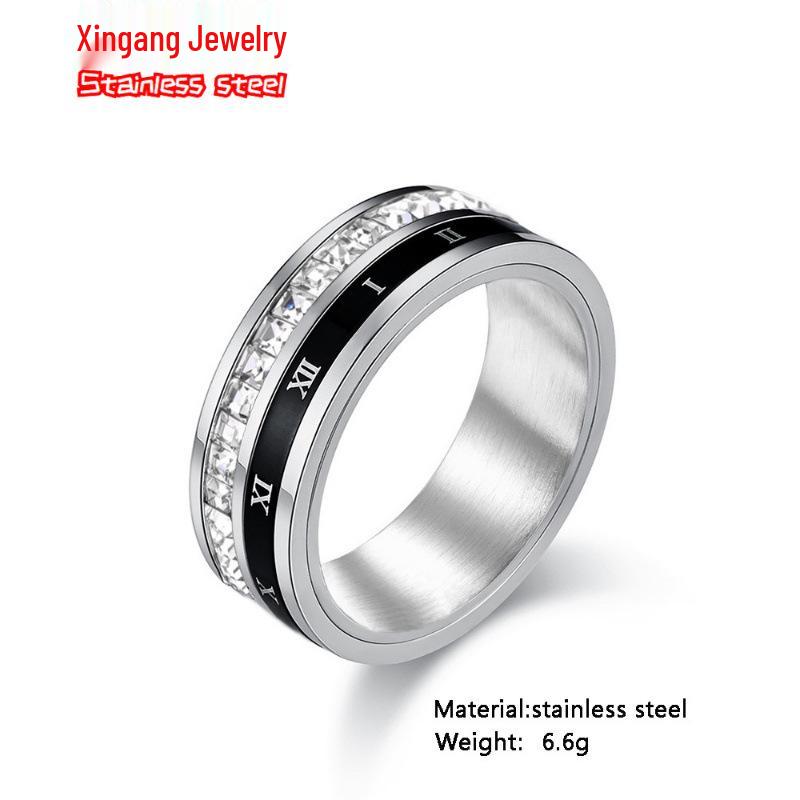 Luxury Roman Numeral Titanium Steel Rotatable Ring with Square Diamonds - Unisex Proposal Jewelry