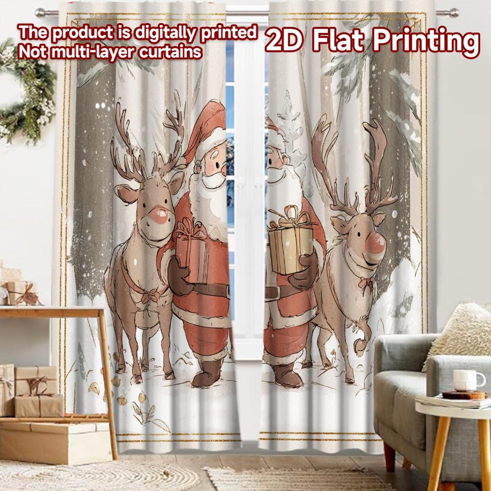 2pcs, 2D FLAT PRINTING Curtains (Without Rod) Santa and Reindeer Halloween Festival Popular Curtains&Drapes Semi-Sheer Curtains