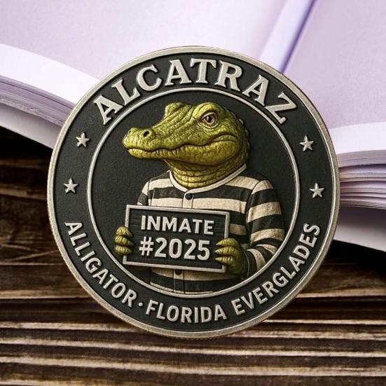 Crocodile Inmate Mugshot Coin Prison Memorabilia Crocodile Challenge Coin Florida Everglades Prison Collectible Crime History Coin Gift for Collectors
