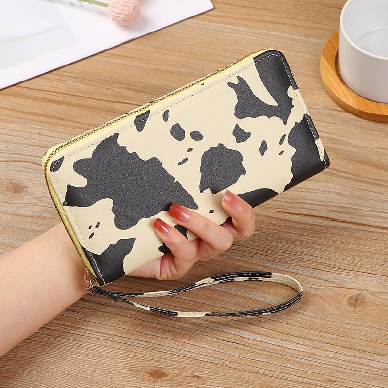 2024 Summer Korean-Style Contrast Cow Pattern Multi-Compartment Long Wallet