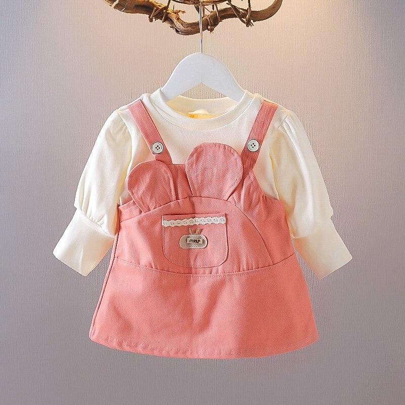 Jaro podzimní kojenecké dívčí šaty ležérní velká kapsa do ucha Falešné dvoudílné podvazkové šaty s potiskem