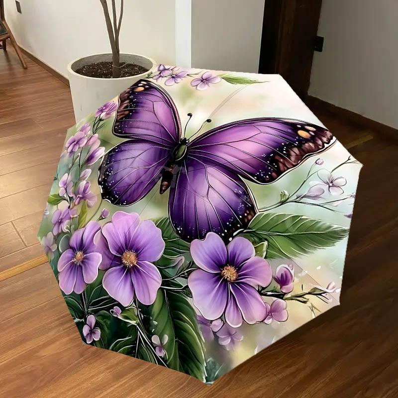 1PC Butterfly FlowersAutomatic Open/Close Umbrella with Windproof, 8-Rib Sturdy Canopy, Durable Ribs, Fashionable Design, Outdoor Accessory, Fun Prin,