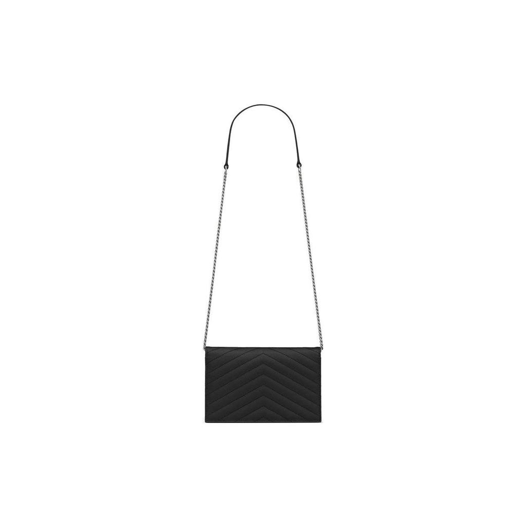 Saint Laurent Ysl Obálka Stříbrné Logo Prošívaná Zrnité Ražené Kožené Obálka Peněženka na Řetízku Taška přes Rameno Crossbody Taška Dámské Tašky Černá 393953BOW021000