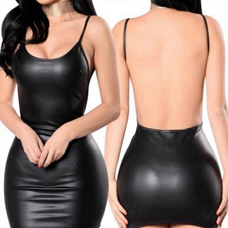 Lakové šaty na špagetová ramínka bez zad s bodycon střihem - Dámské vysoce elastické krátké šaty bez rukávů