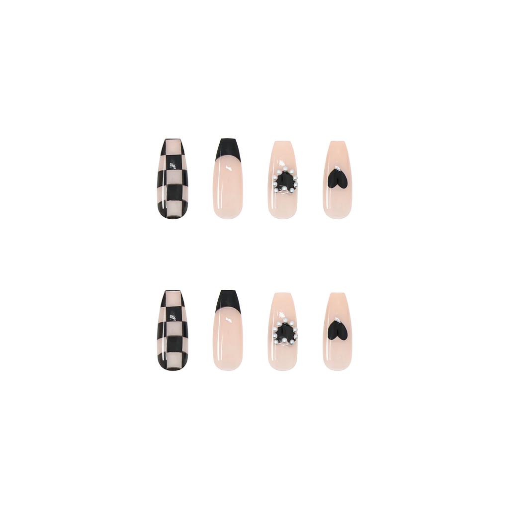 Artificial Nails Black Checkerboard Love Manicure Wearable Nail Stickers Fake Nails Long Ballet Nails Removable Nail Pieces