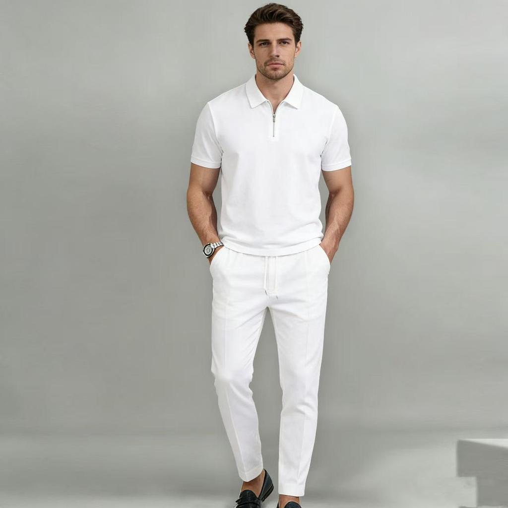 Men's Breathable Polo Sportswear Set - Short Sleeve & Long Pants for Daily Commute Casual Wear
