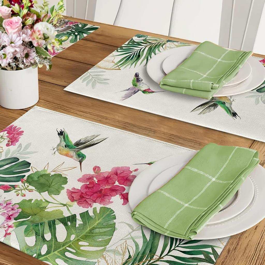 1pc Spring and Summer Geranium Flower Placemats, Red Floral Hummingbird Palm Leaf Monstera Table Placemats