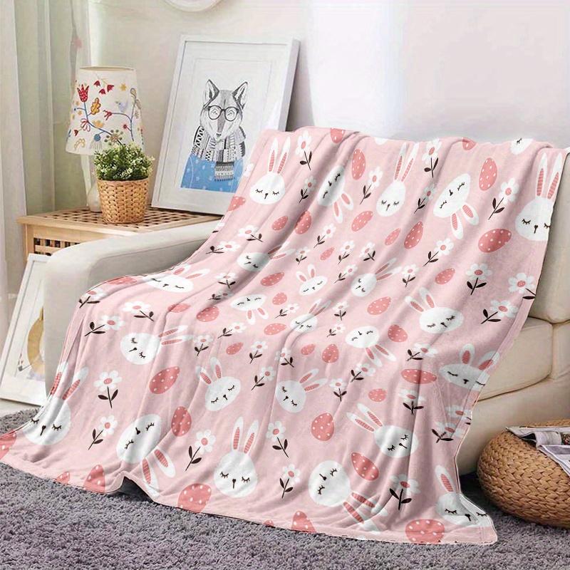 Pink Easter Bunny Egg Flannel Throw Blanket Cute Rabbit Floral Spring Holiday Soft Bed Blanket