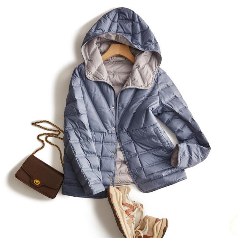 Versatile double-sided wear, light and warm, autumn and winter pressure glue fashion hooded single-breasted white duck down short down jacket