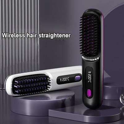 Elektrischer LCD-USB-Keramik-Heizkamm für glattes Haar, kabellos, tragbares Styling-Tool mit negativer Ladung, wiederaufladbare Glättungsbürste
