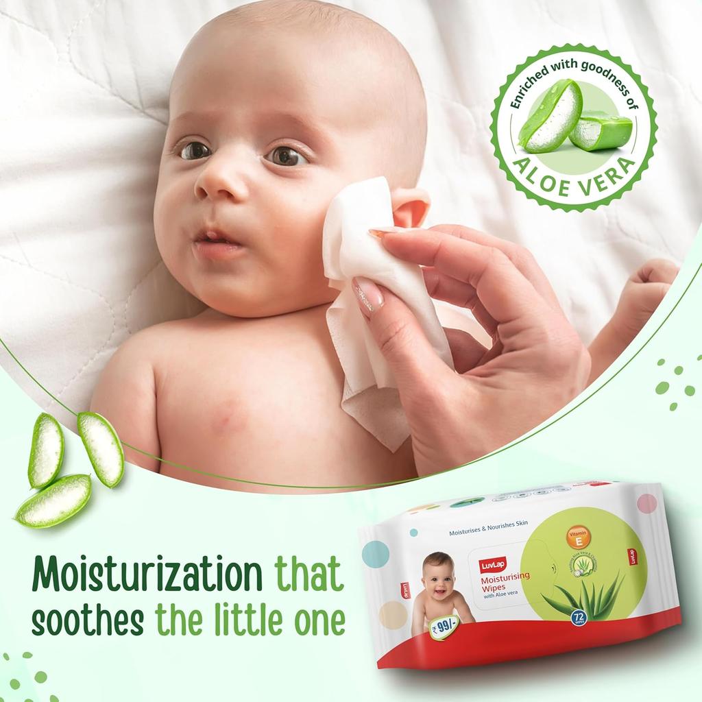 LuvLap Moisturising Wet Wipes With Aloe Vera And Vitamin E Gentle Cleansing For Baby Skin 72 Wipes X Pack Of 3