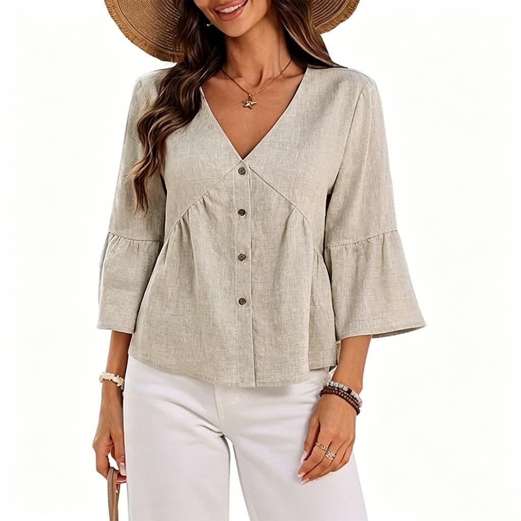 Women Casual V Neck Button Down Three Quarter Sleeve Loose Fit Top Lightweight Solid Blouse for Daily Office Wear