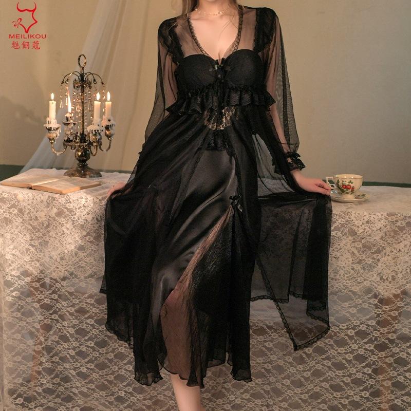

Sexy deep V hollow perspective lace plus chest pad long outer robe for women M