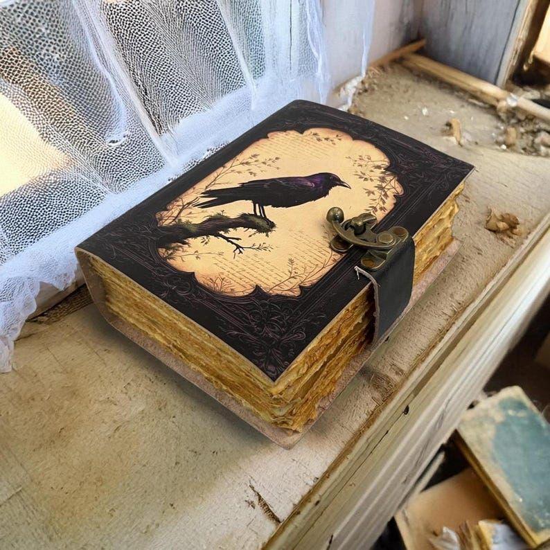 Vintage Gothic Raven Leather Journal - Dark Academia Gift, Writing Diary, Wiccan Grimoire Book Of shadows