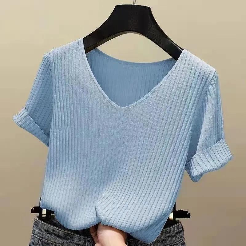 Korte mouwen T-shirt Dames Zomer Koreaanse Versie Slim-fit Halve mouwen V-hals Gebreide Basis Blouse Blouse Vrouw L blauw