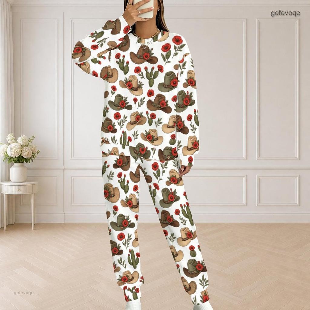 Women Plus Size Round Neck Long Sleeve Halloween Cactus Print White Two Piece Loungewear Set