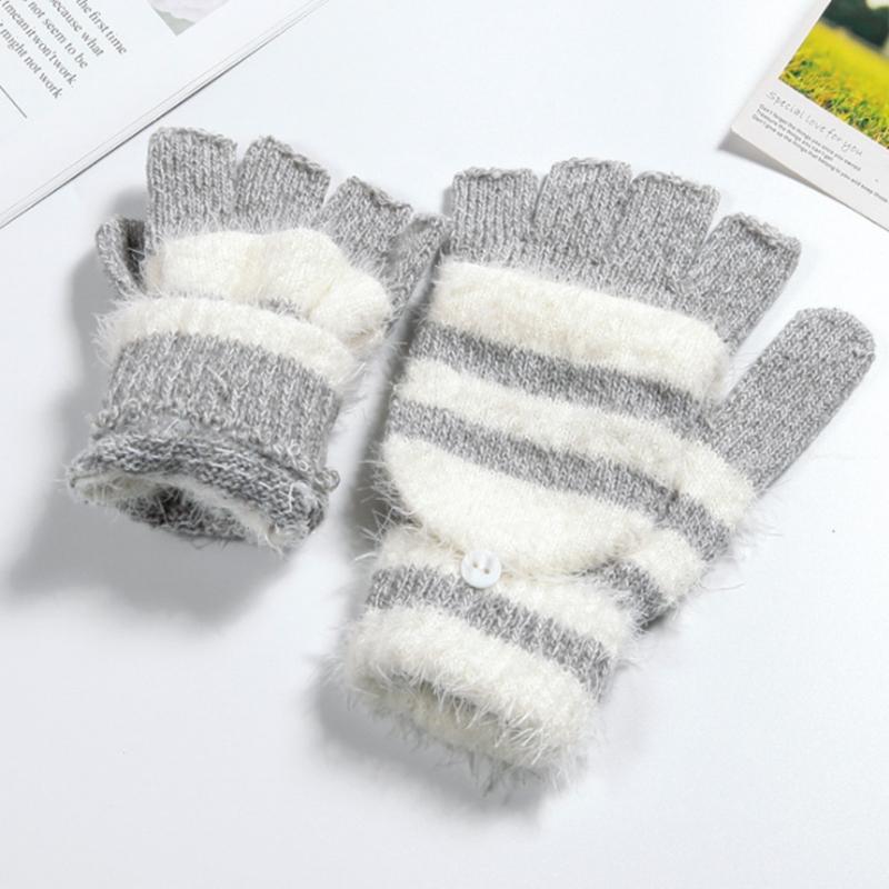 Soft Warm Gloves Winter Knitted Gloves Soft Cartoon Striped Fingerless Gloves with Flip Top Warm Glove Stretchy Mitten