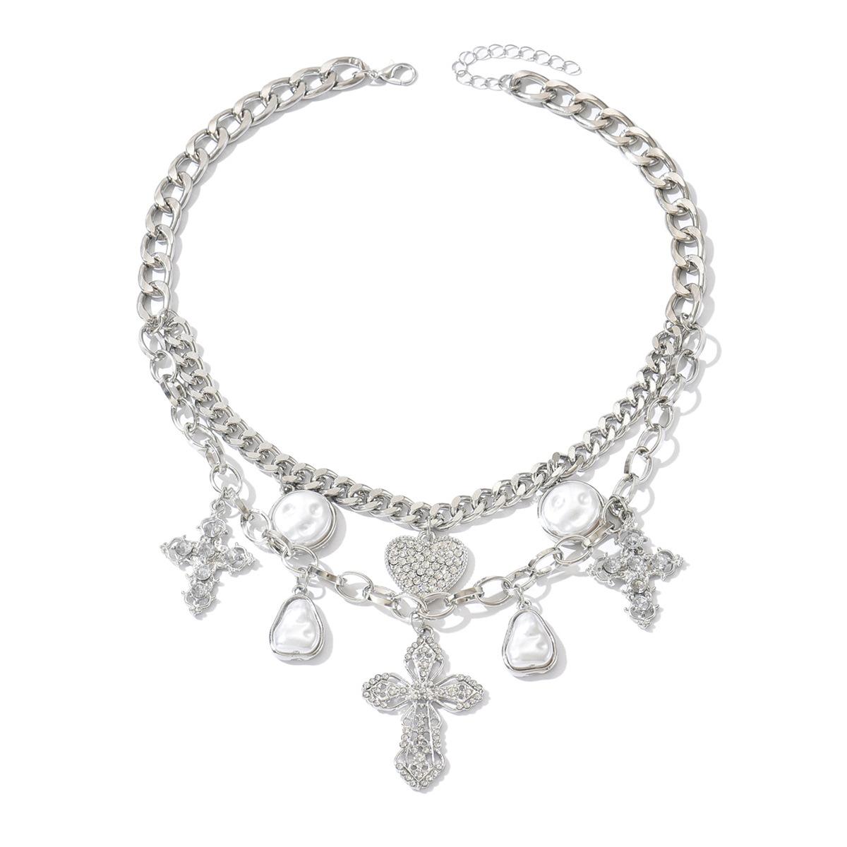 

Stacked with love cross necklace, European and American cold wind, multi-layer exaggerated imitation pearl pendant, collarbone chain