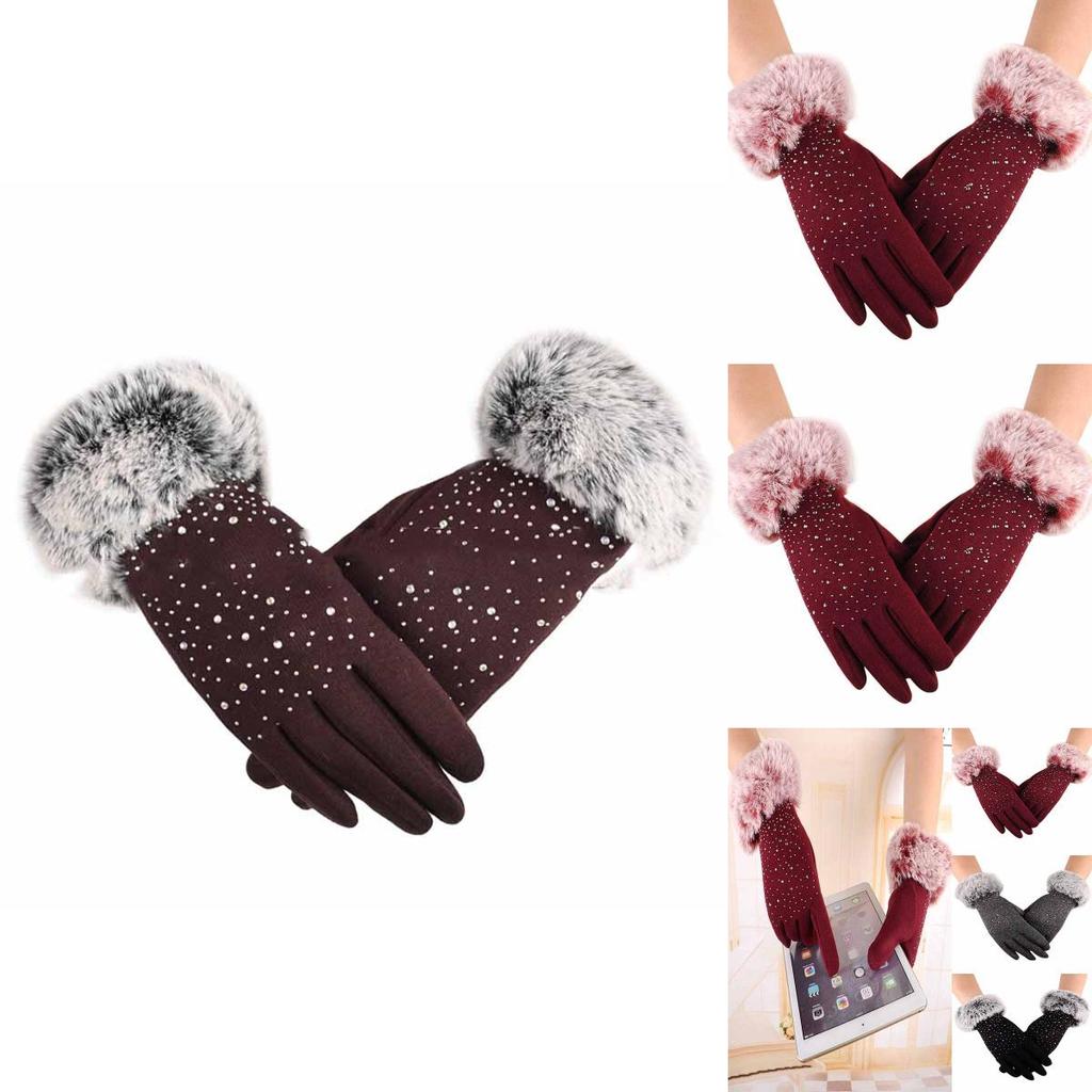 Luxurious Womens Fashion Winter Outdoor Sport Warm Fur Crystal Thick Finger Gloves Mittens