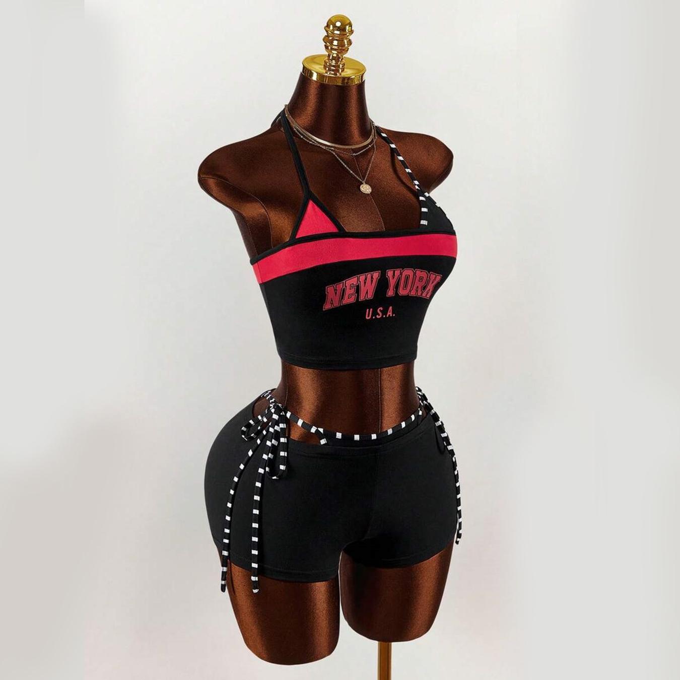 Summer New Spicy Girl Letter Printed Inner Strap Hanging Neck Bareback Top Women s Tight Sexy Shorts Two Piece Set S
