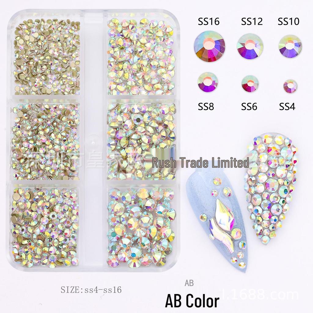 Nail Art Rhinestones: Mixed Color AB Light Pink Champagne Glass Set - Six Grids