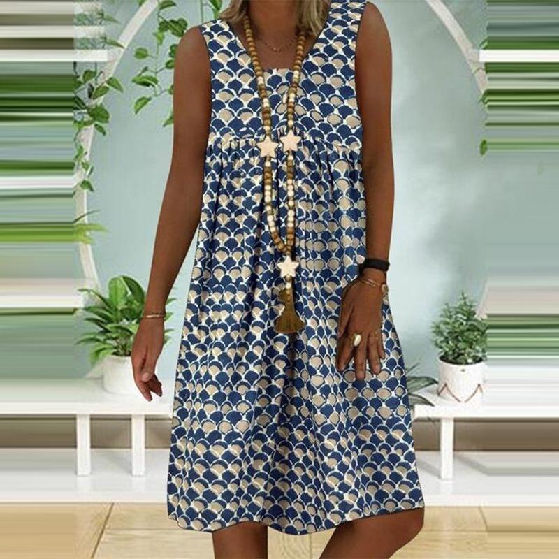 QICED Fashion Summer Spring Solid Color Print Sleeveless O-Neck Casual Dresses