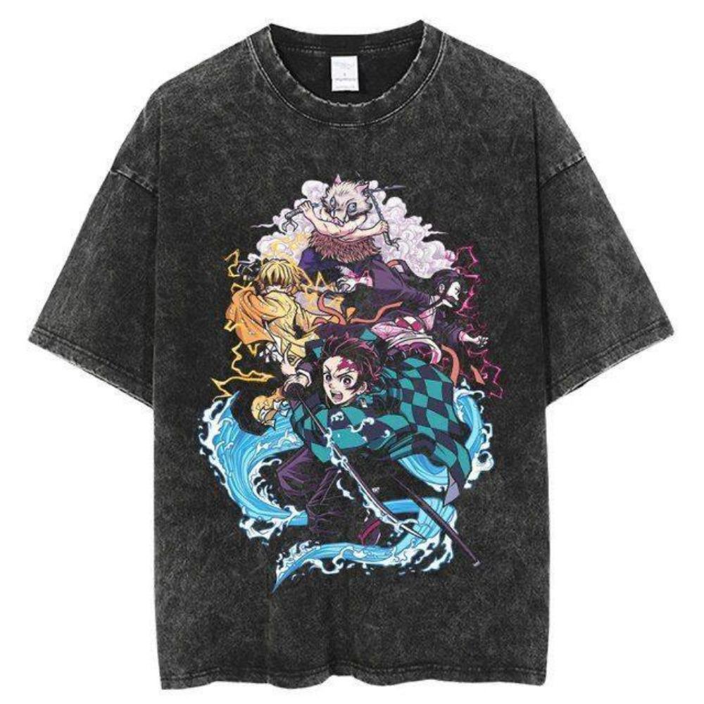 Original Ghost Slayer Retro Washed Anime Short Sleeved T-shirt with Printed Pattern for Daily Leisure Sports T-shirt