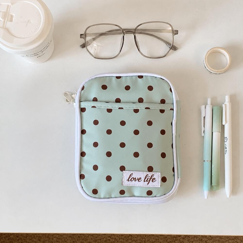 Multi-compartment Pencil Pouch Polka Dot Print Pen Bag Durable Pencil Case  Gift Green polka dots