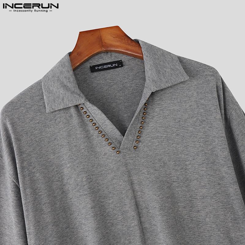 INCERUN Men Lapel Neck Short Sleeve Casual Loose T-shirts Tops