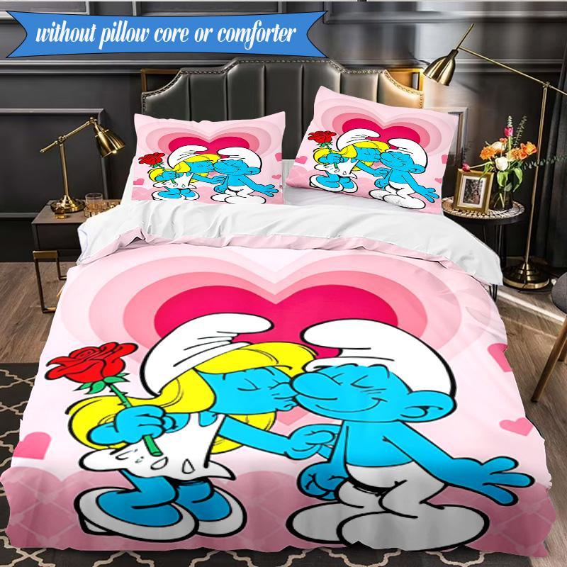 3PCS Blue Smur-f Characters Bedding Set,Including 1pc Duvet Cover And 2pcs Pillowcases Perfect for Bedroom, Dormitory, Fan Christmas gift