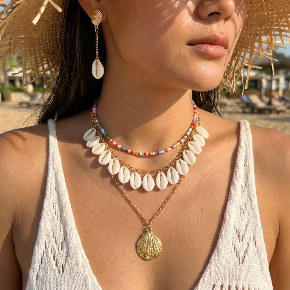 Boho Multilayer Starfish Shell Pendant Jewelry Set For Women Beach Handmade Beaded Choker Earrings Party Vacation Accessories