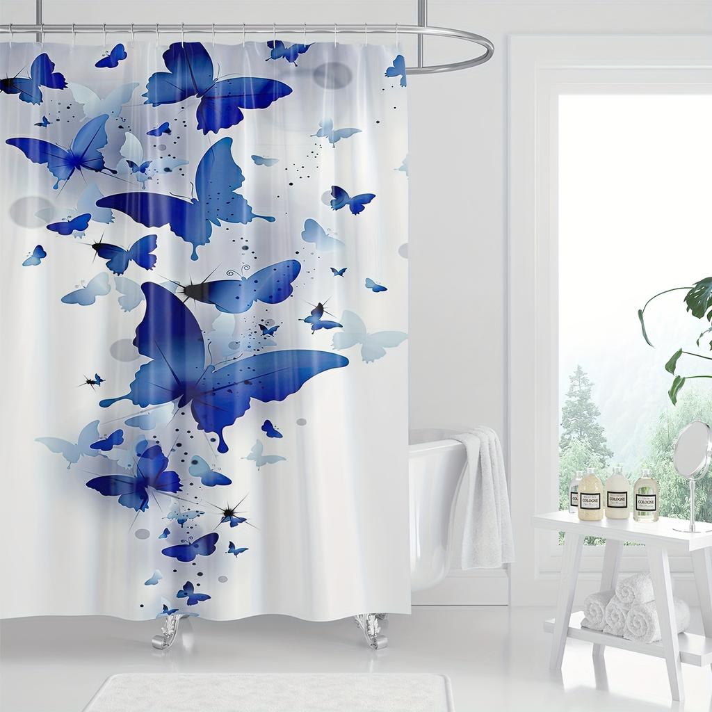 1pc Modern Art Abstract Blue Butterfly Silhouette Digital Print Shower Curtain, Water-Resistant Polyester Fabric, Machine Washab