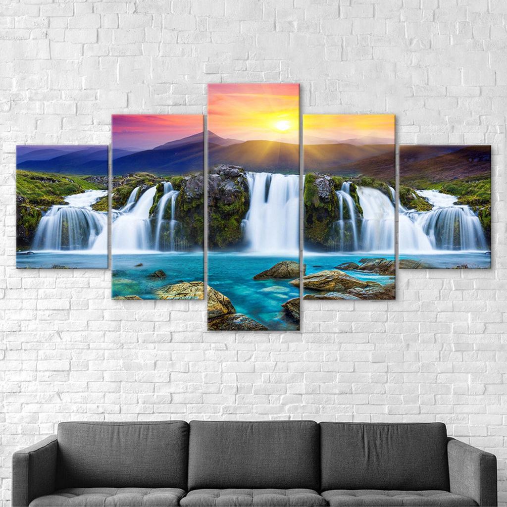 Beautiful Waterfall Sunset Mountains Scenery 5 Piece Five Panel Wall Canvas Print Modern Art Poster Home Decor Gift For Him For Her