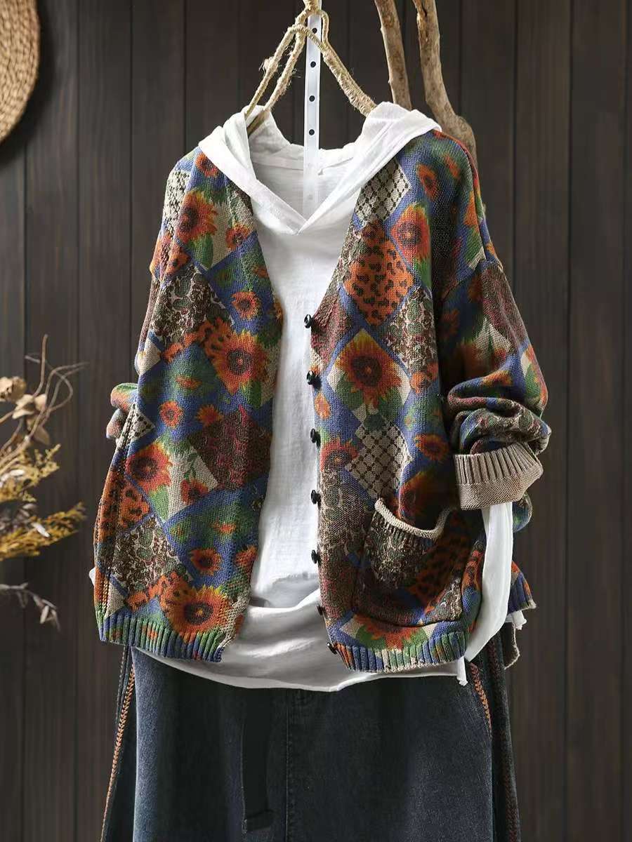 

Johnature Vintage Женские принты Цветочные пуговицы Весна V-образный вырез Длинный рукав трикотажные пальто One Size хаки