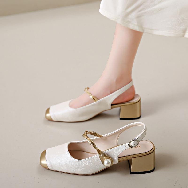 Nouveau Style Chinois Style National Sandales Baotou Chaussures Mary Jane à Talons Moyens pour Femmes Été Tempérament Talon Épais Talon Haut Chaussures Simples