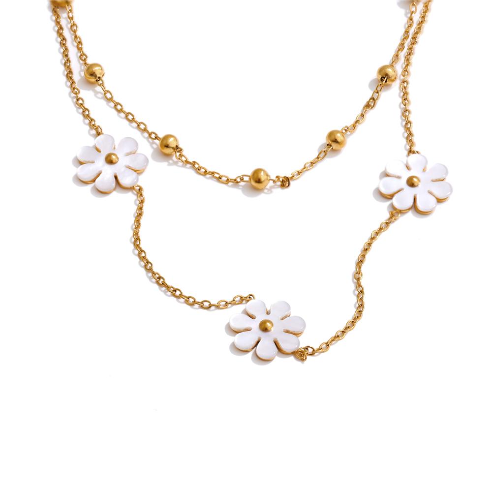 

Yhpup Exquisite Natural Shell Flower Double Layer Chain Overlay Necklace 18K Golden Plated Stainless Steel Fashion Jewelry Gift