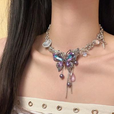 Übertriebene Schmetterlingskette Strass Damen Choker Verstellbar Vintage Zirkon Halskette Mädchen