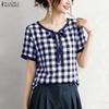 ZANZEA Women Bow Collar Casual Short Sleeve Plaid Print Blouse