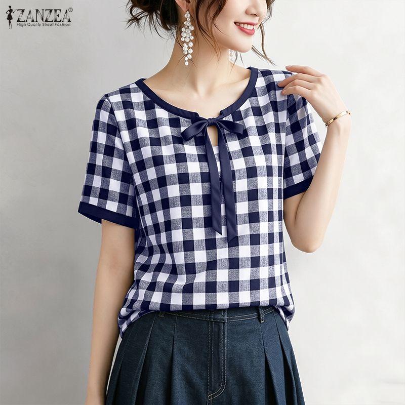 ZANZEA Women Bow Collar Casual Short Sleeve Plaid Print Blouse