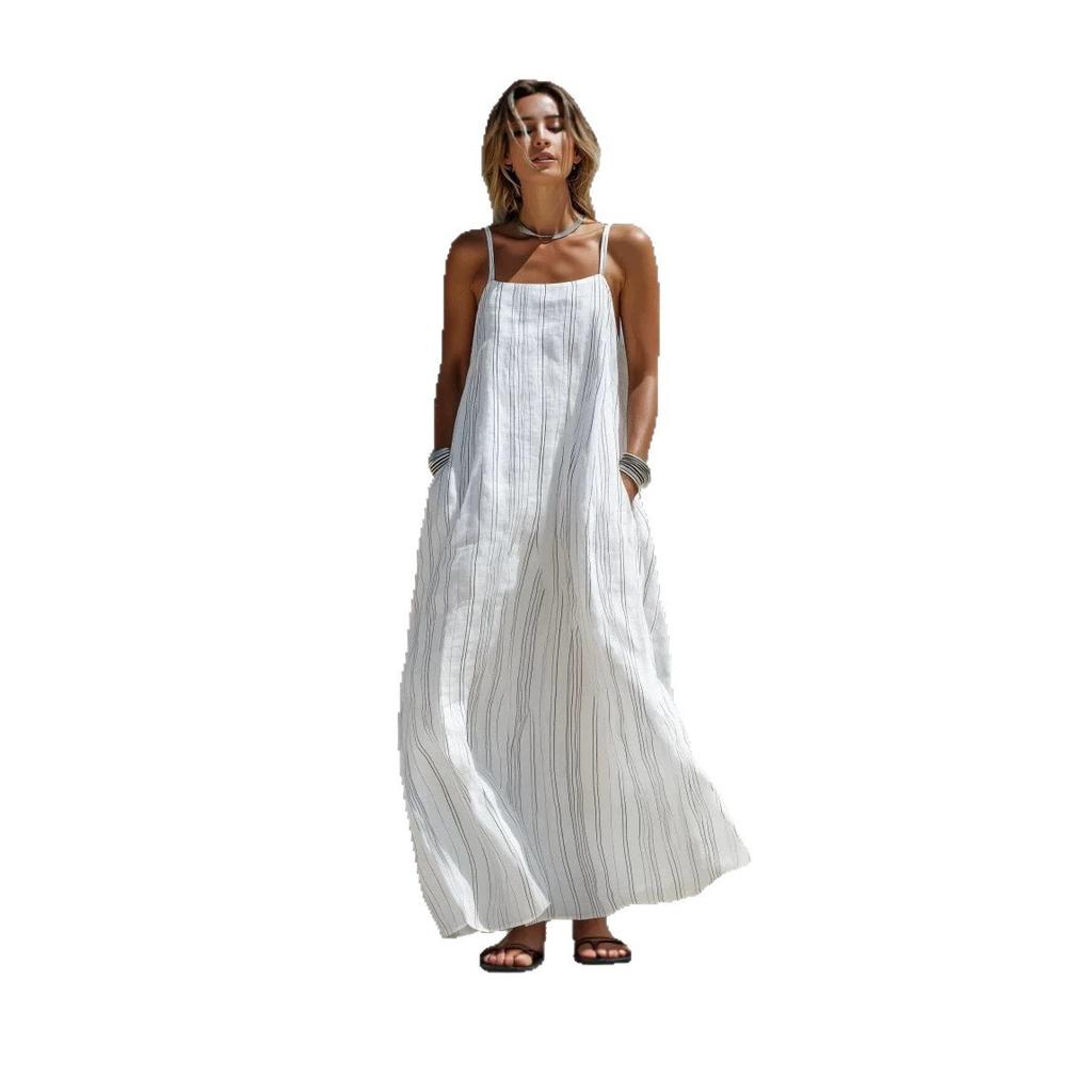 Women's Spaghetti Strap Maxi Dress Blue Vertical Stripe Side Pockets Beach Holiday Dress