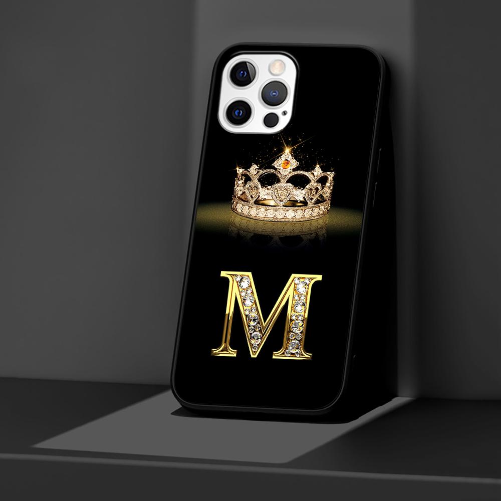 

Чехол для Apple iPhone 14 11 13 12 Pro Max XR 7 8 + SE 2020 XS 6 6s Plus 5 5s, черный силиконовый чехол для телефона с бриллиантовой короной и буквой iPhone 14 Pro Max