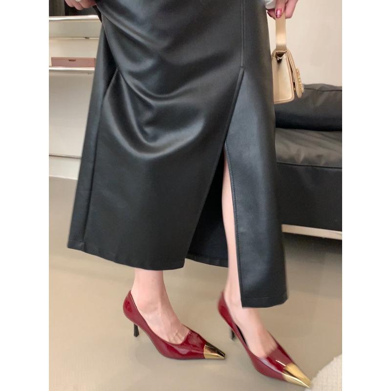 

Бордовая лакированная кожа металлическая головка высокий каблук новая осень мелкий вырез сексуальный знаменитость тонкий каблук тонкий королевская сестра одинарная обувь женщины 39 леопардовый